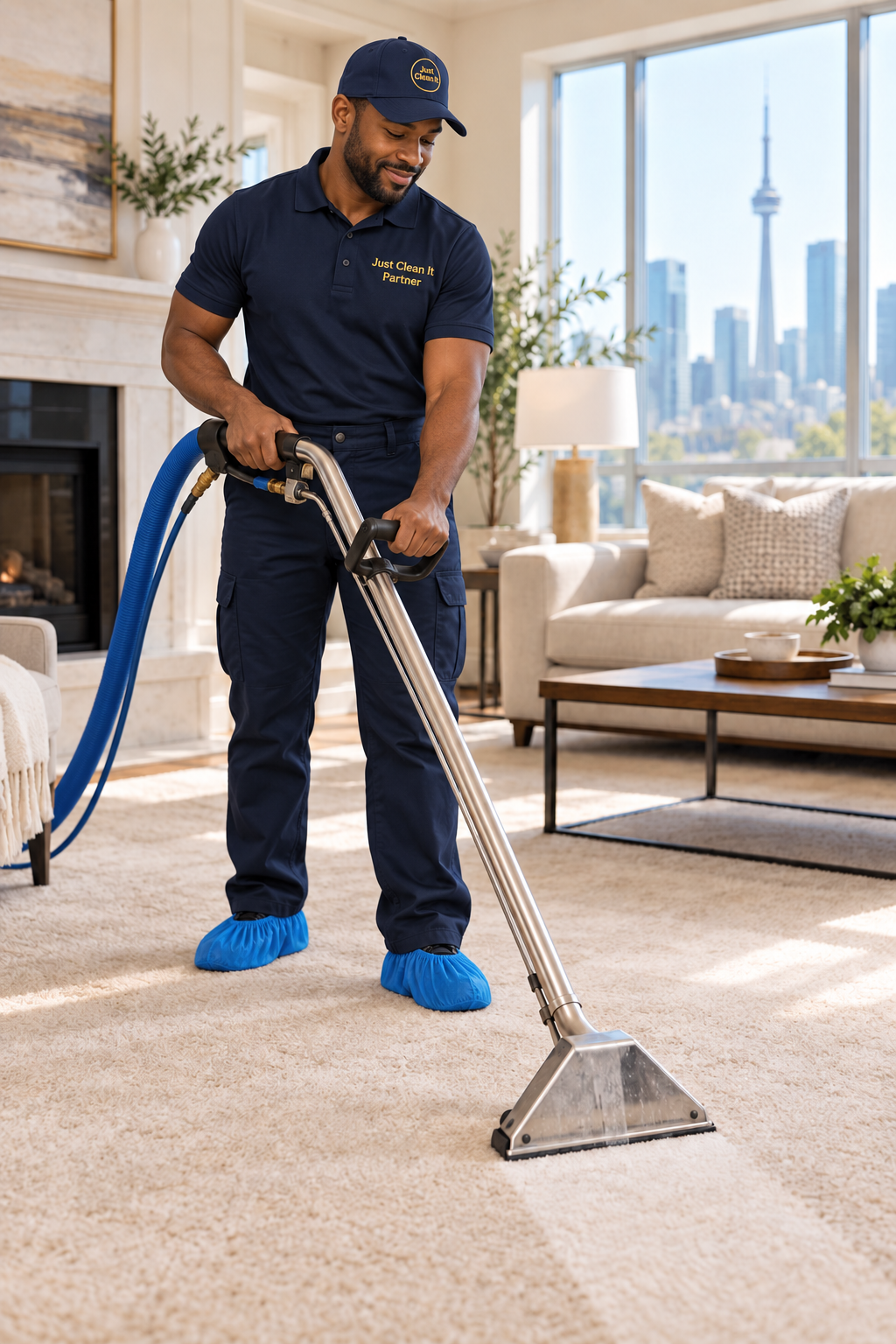Standing technician professionally cleaning a carpet with an extraction wand
